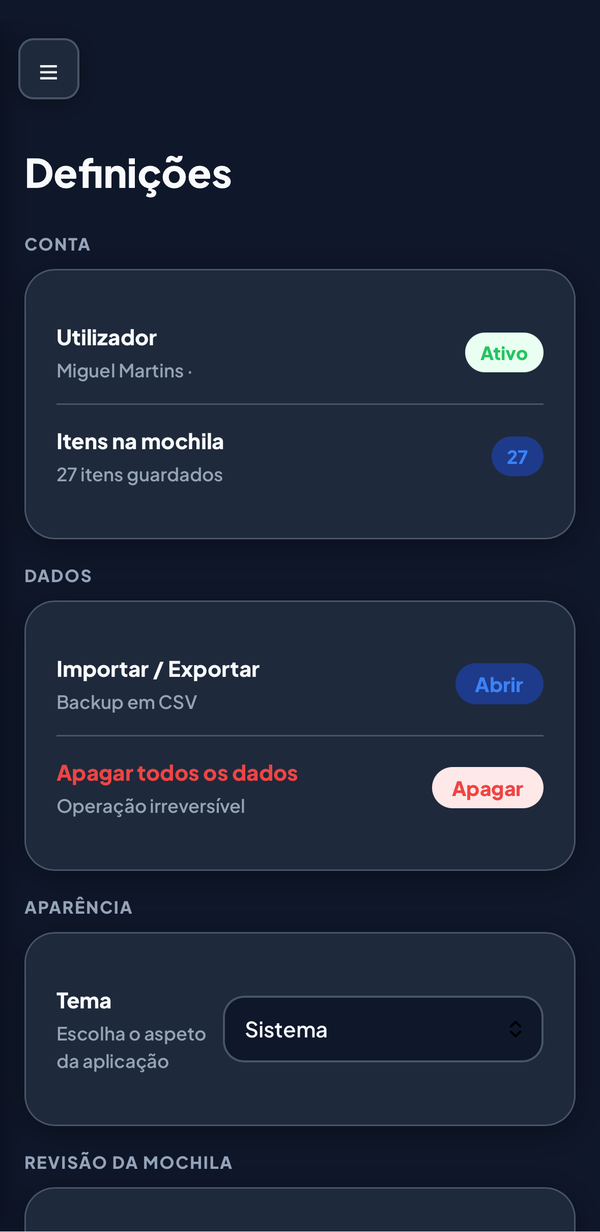 Definições reais da EvacKit, com exportação CSV